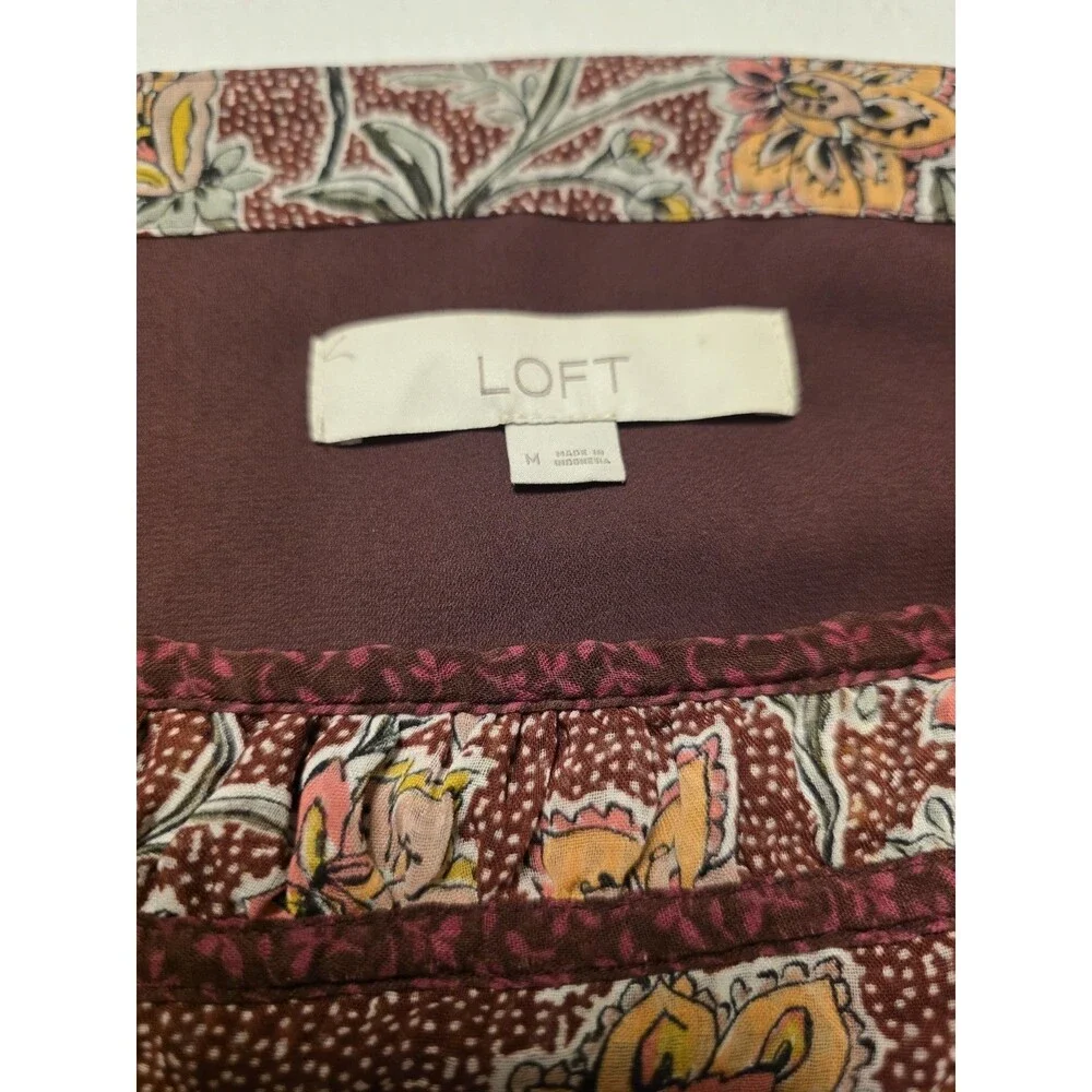 LOFT Women's M Burgundy Multicolor Floral Square Neck Smocked Puff Sleeve Blouse